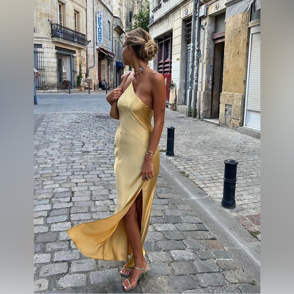 274 Moonlight Open Back Satin Slit Long Dress
